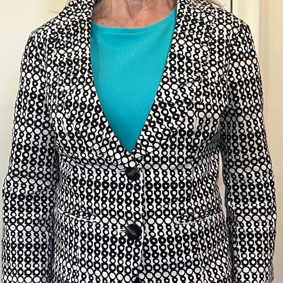 CAbi Women's Black And Off White Circles Stretch Blazer 3/4 Sleeves Size 0 - Picture 3 of 7